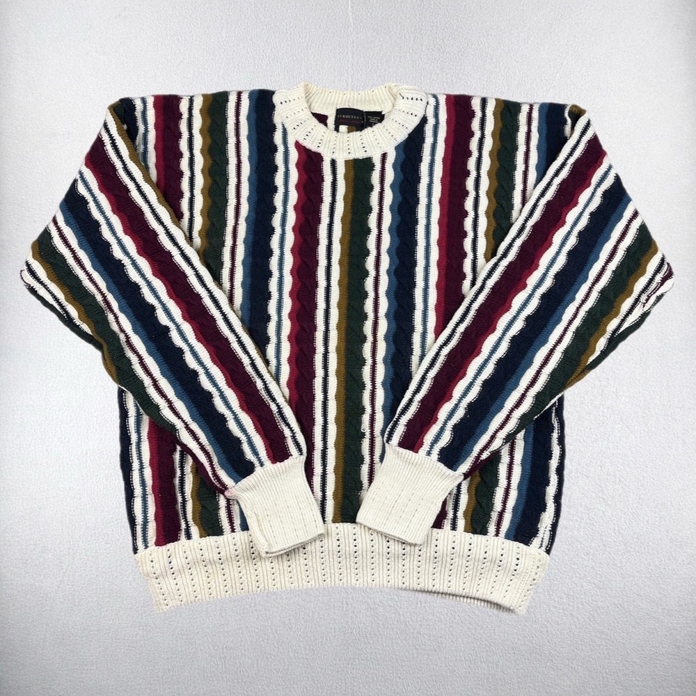 Vintage Structure Sweater Men Large Multicolor Stripe Cable Knit Coogi Style 90s
